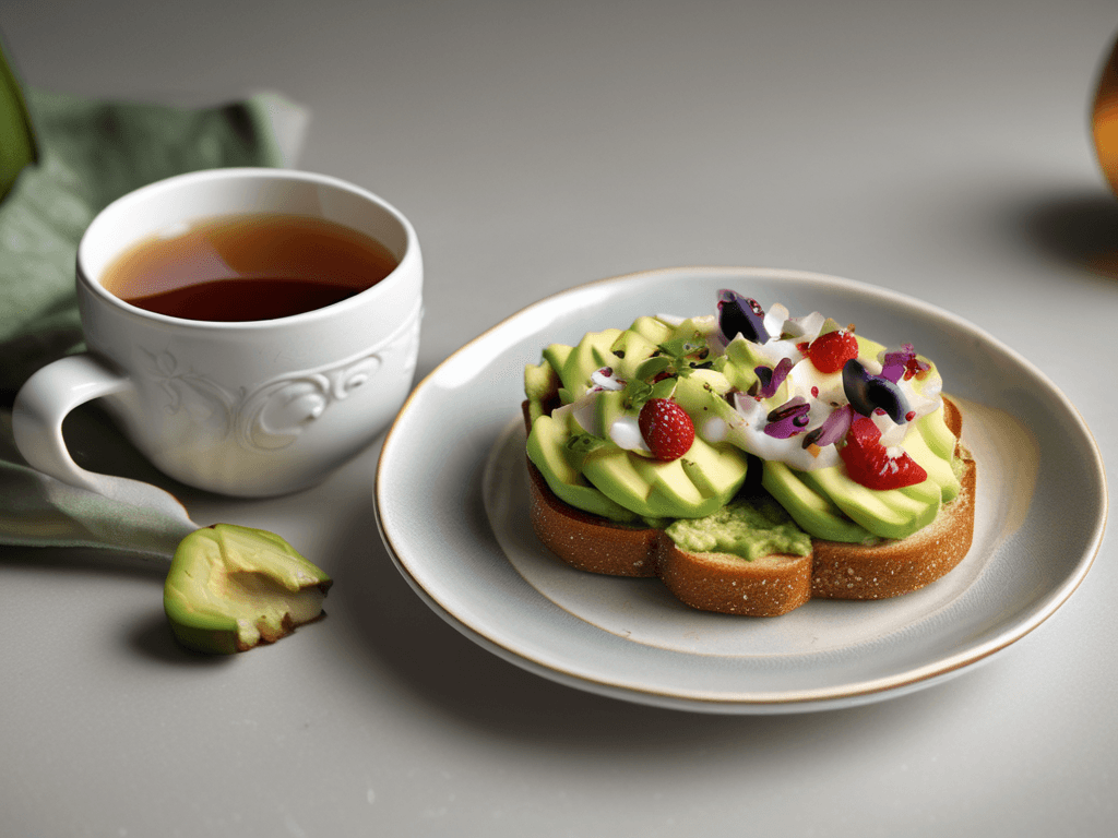 AI generated tea in a fancy cup with avocado toast topped with
